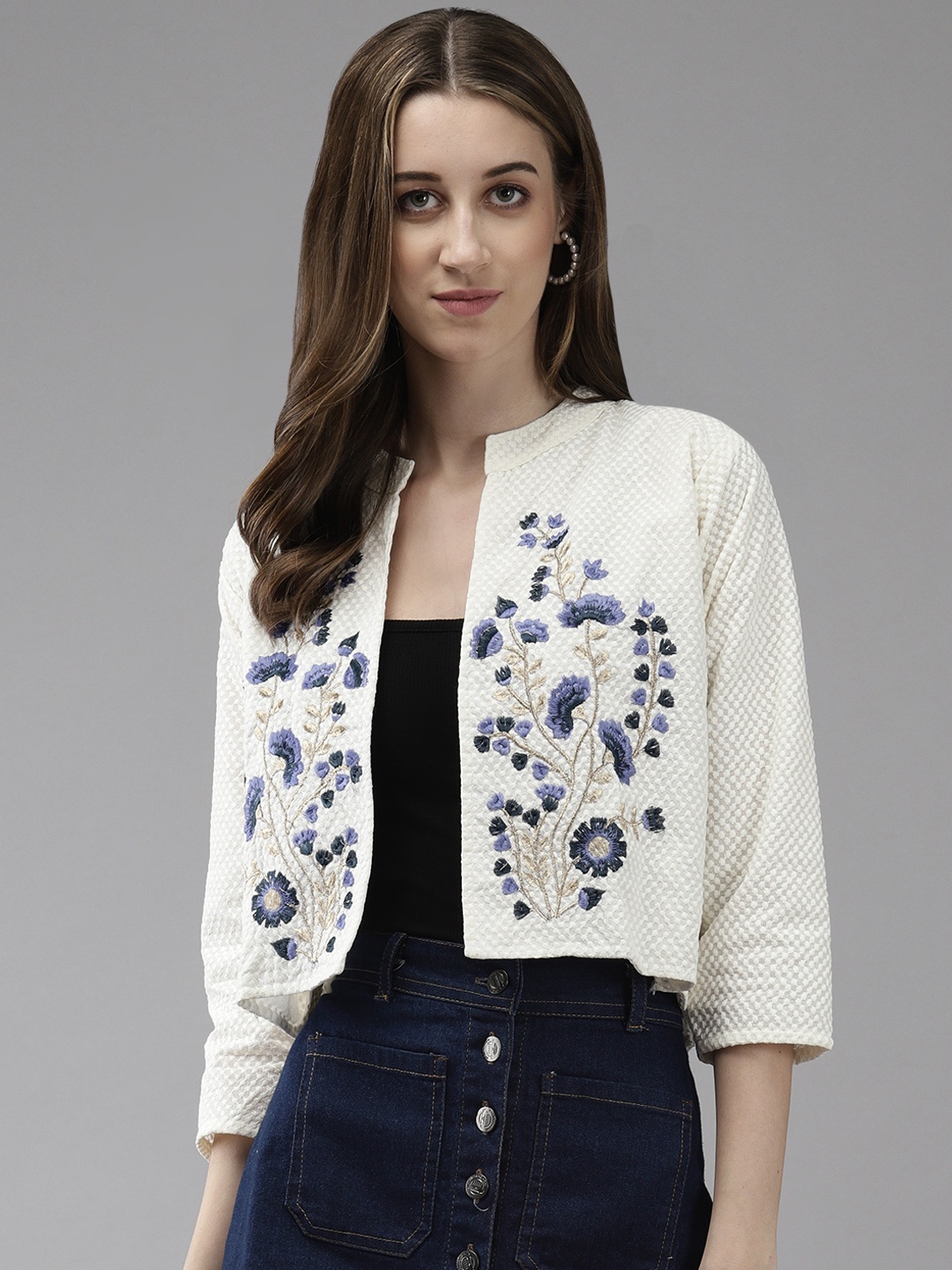 

Aarika Floral Open Front Jacket with Embroidered Details, Cream