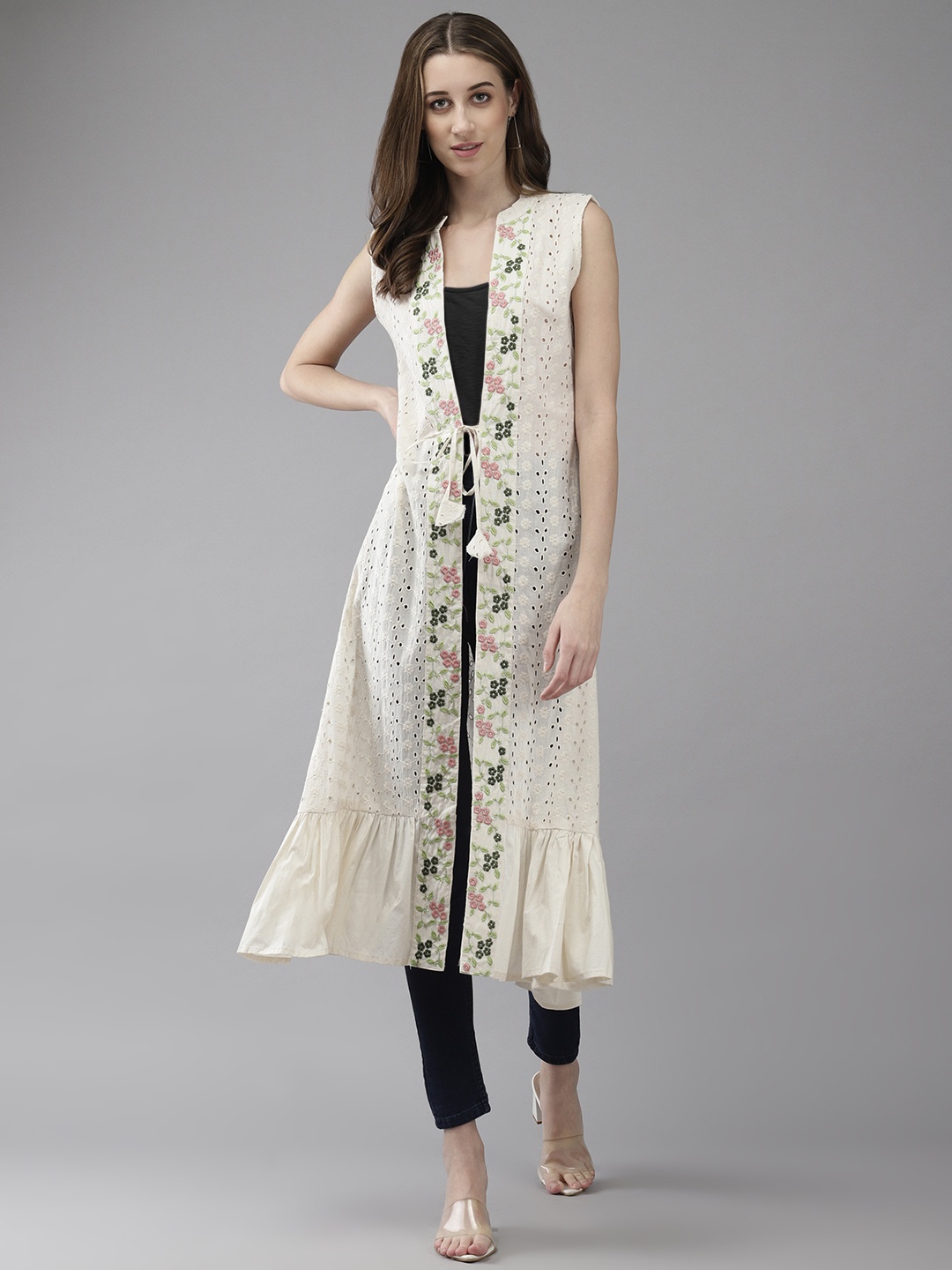 

Aarika Printed Embroidered Longline Tie-Up Shrug, Cream