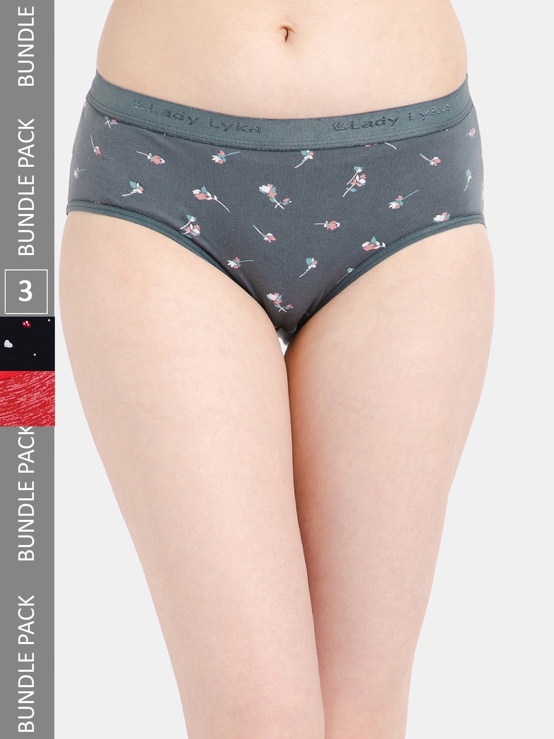 

Lady Lyka Women Pack Of 3 Floral Printed Cotton Hipster Briefs, Grey
