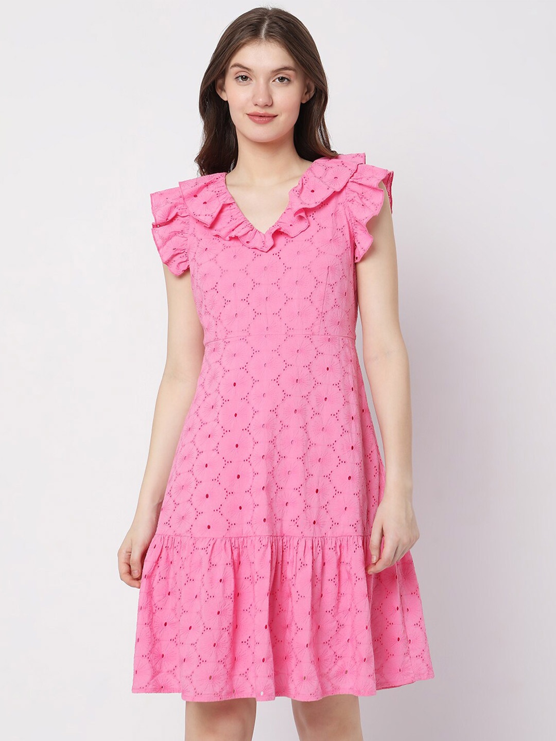 

Vero Moda V-Neck Ruffles Schiffli Cotton A-Line Dress, Pink