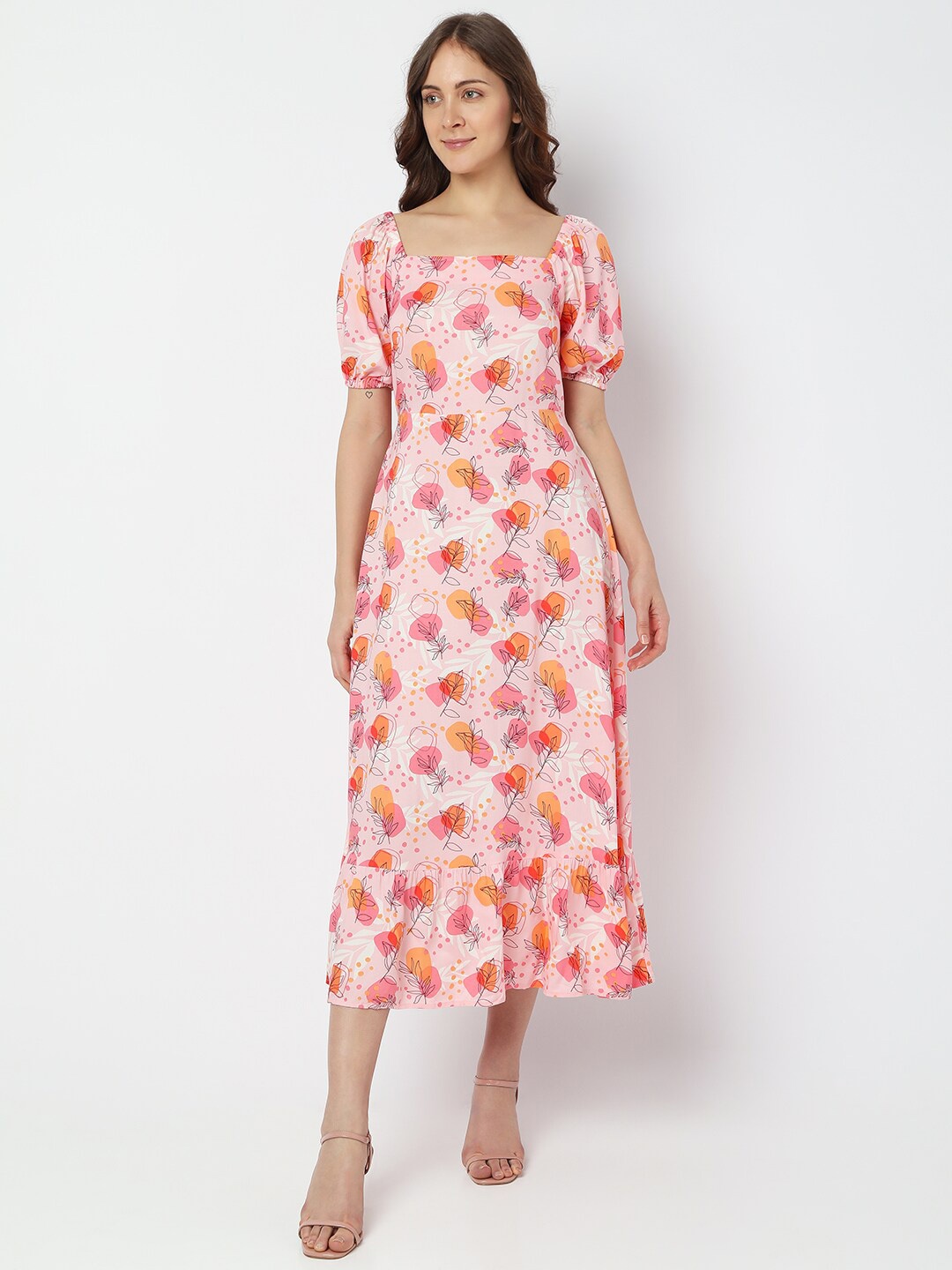 

Vero Moda Square Neck Floral Printed Tie Up Midi A-Line Dress, Pink