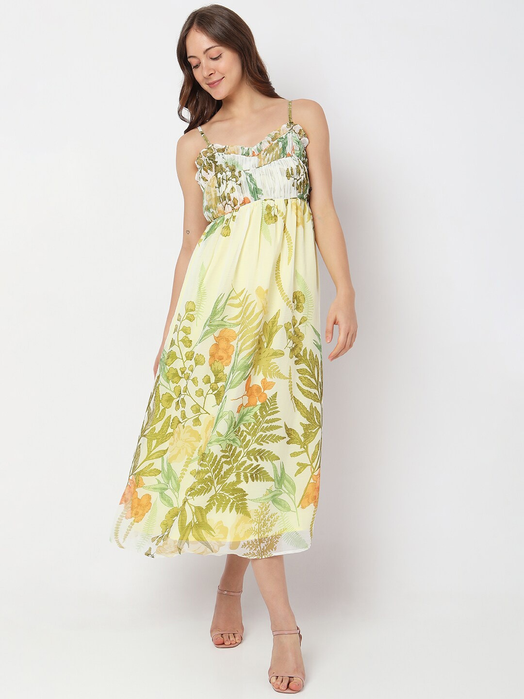 

Vero Moda Shoulder Straps Floral Printed A-Line Midi Dress, Green