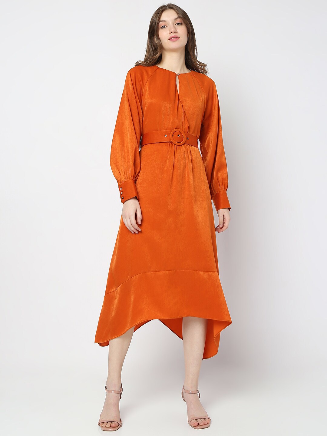 

Vero Moda Puff Sleeve A-Line Midi Dress With Belt, Orange