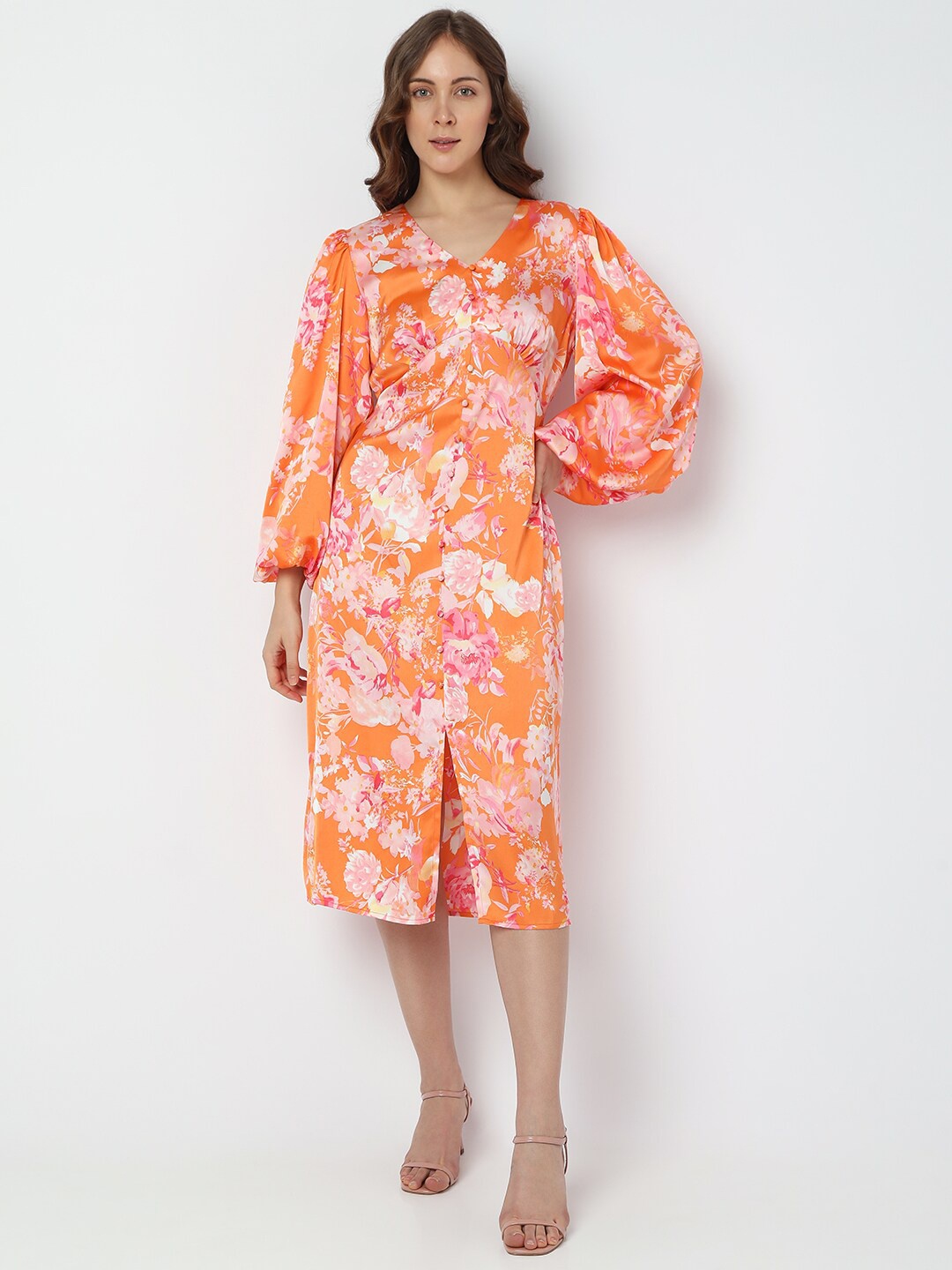 

Vero Moda Floral Printed Puff Sleeves A-Line Midi Dress, Orange