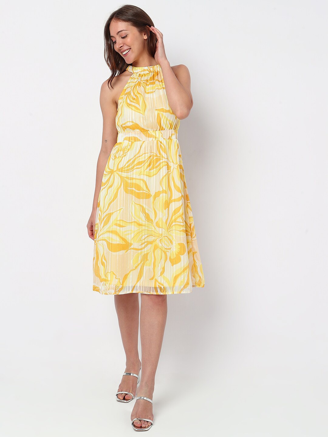 

Vero Moda Round Neck Floral Printed A-Line Dress, Yellow
