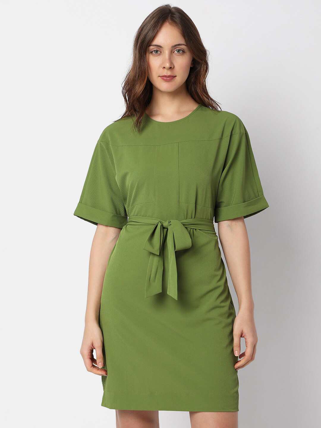 

Vero Moda Round Neck A-Line Mini Dress With Belt, Green