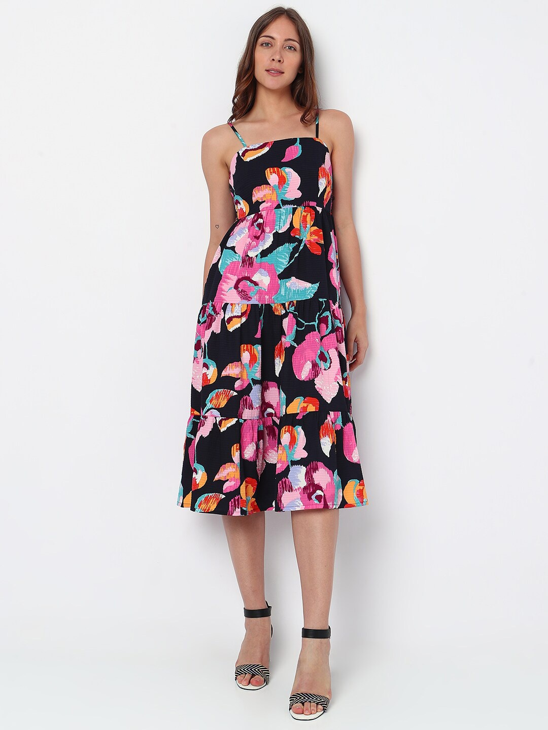 

Vero Moda Shoulder Straps Floral Printed Smocked Tiered A-Line Dress, Black