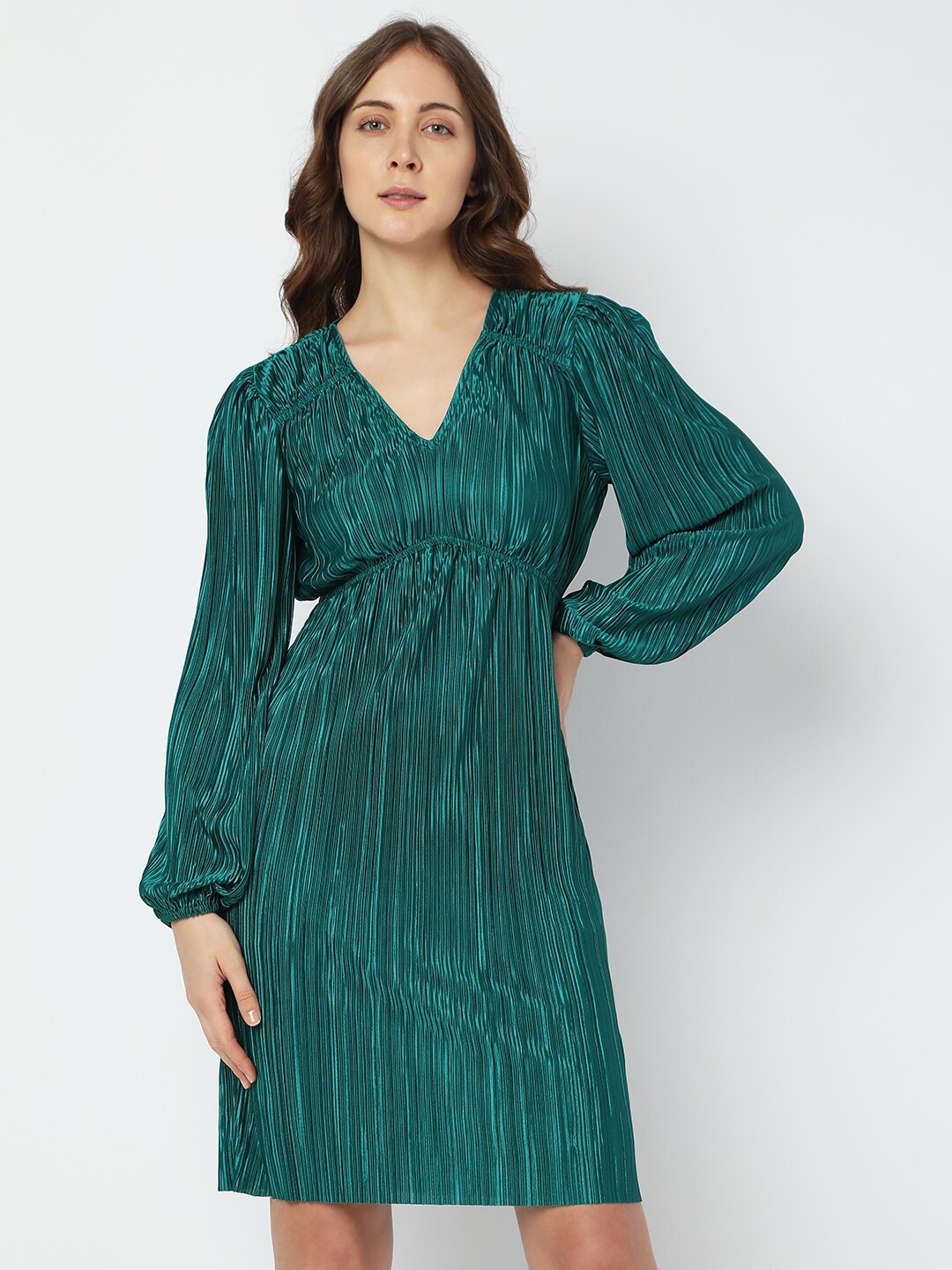 

Vero Moda Puff Sleeves Accordion Pleats Empire Dress, Green