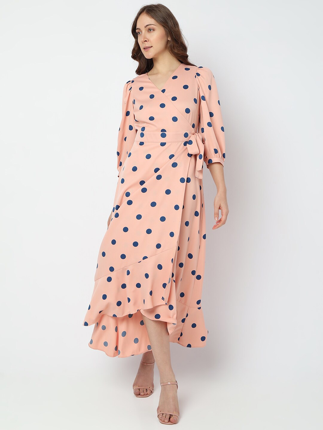 

Vero Moda V-Neck Polka Dot Printed Tie Up Wrap Midi Dress, Peach