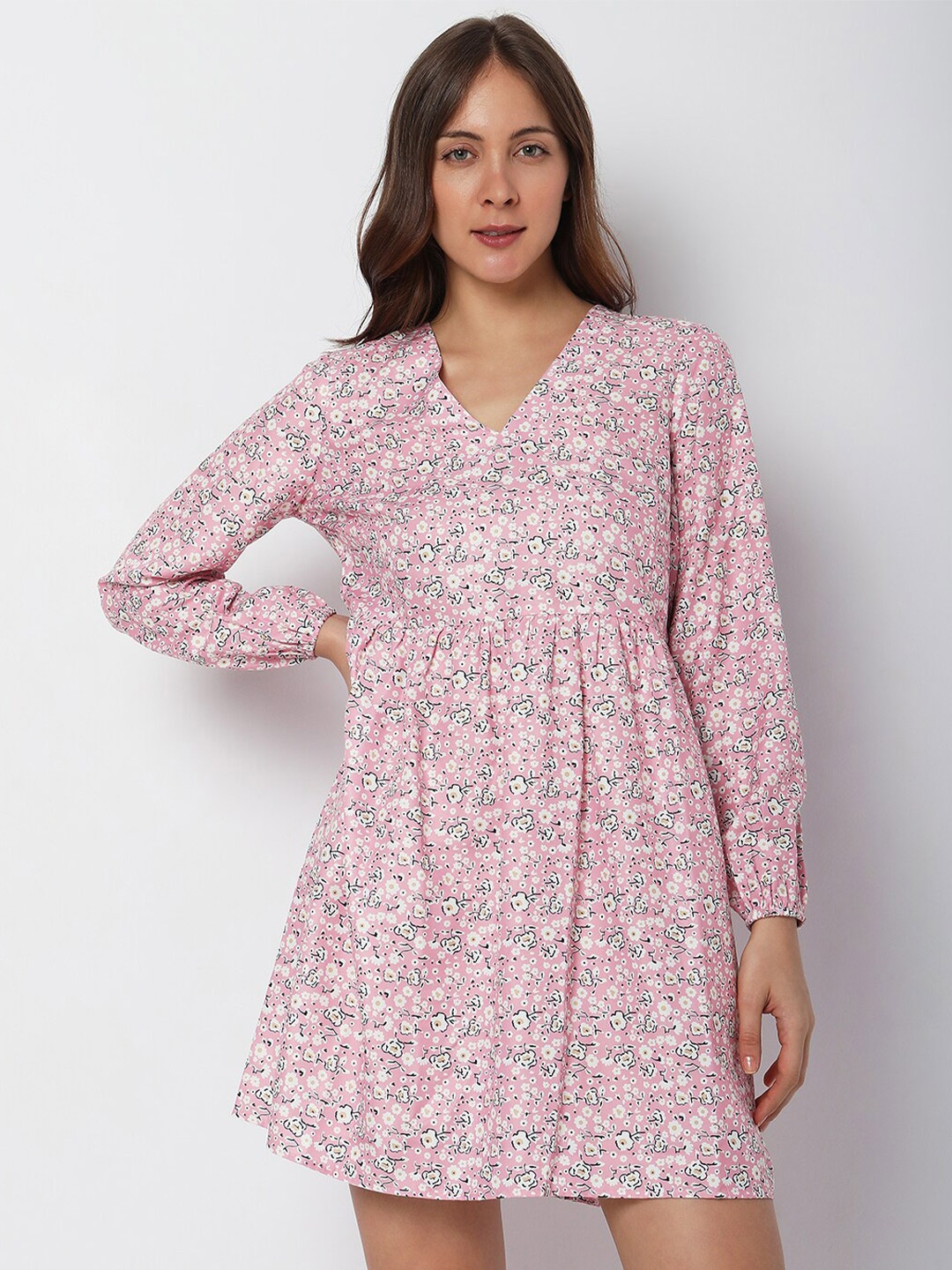 

Vero Moda V-Neck Floral Printed Mini A-Line Dress, Pink