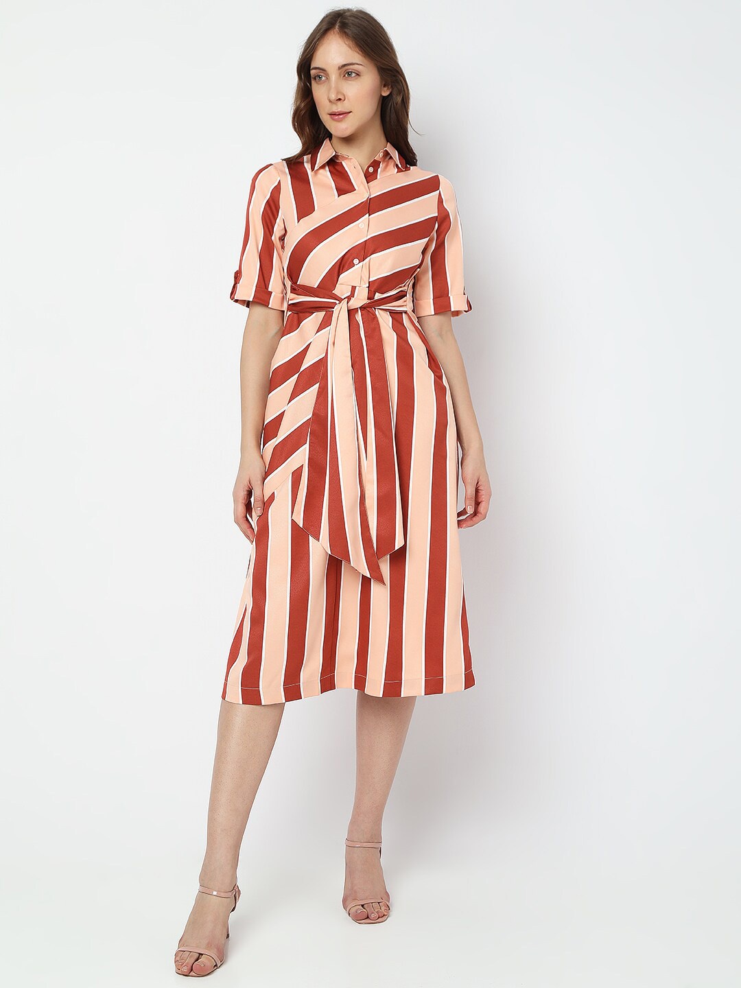 

Vero Moda Spread Collar Striped Tie Up A-Line Dress, Brown