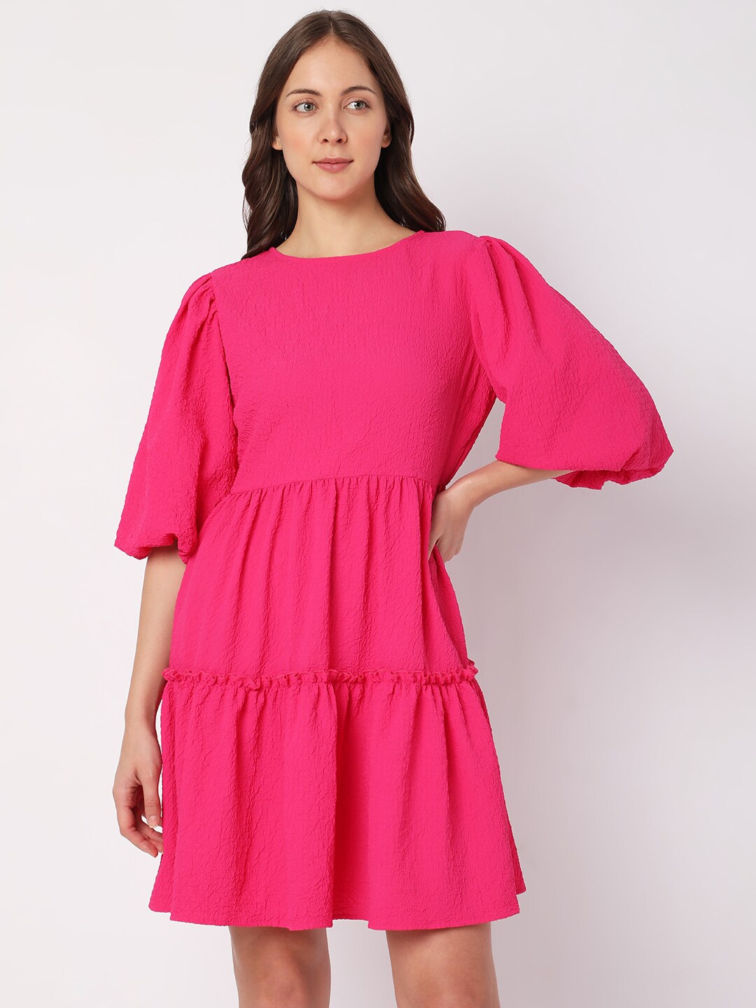 

Vero Moda Puff Sleeves Tiered Fit & Flare Dress, Pink