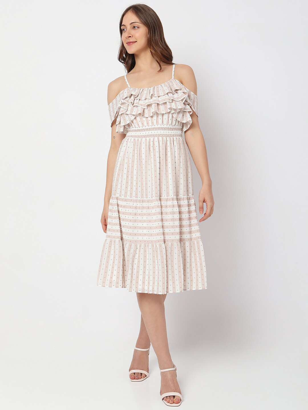 

Vero Moda Shoulder Straps Striped Tiered A-Line Dress, Beige