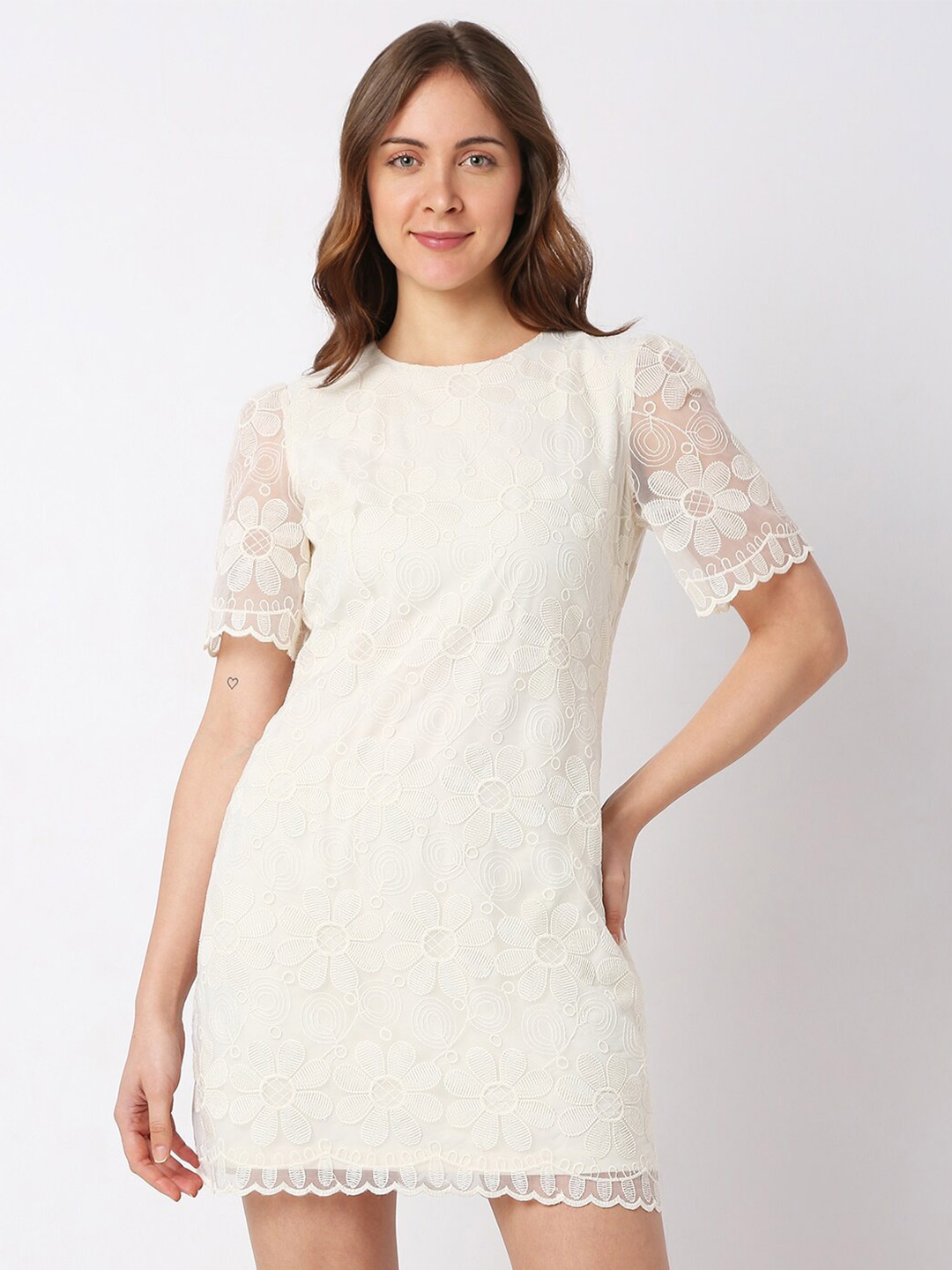 

Vero Moda Round Neck Floral Embroidered Mini Sheath Dress, Off white