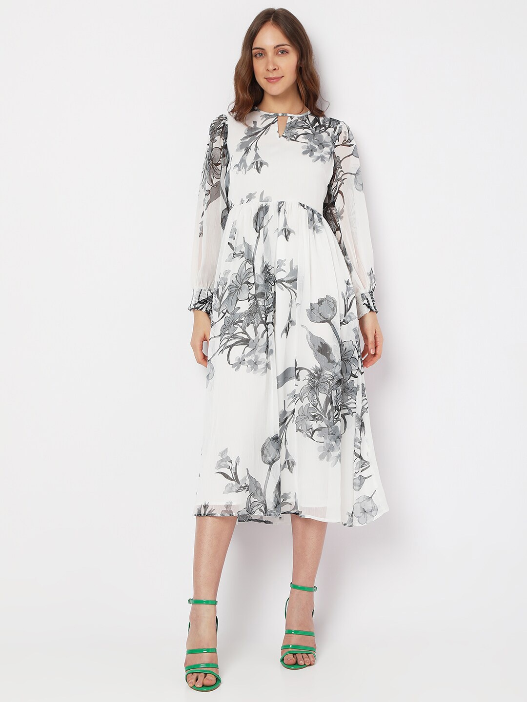 

Vero Moda Keyhole Neck Floral Printed Fit & Flare Midi Dress, White