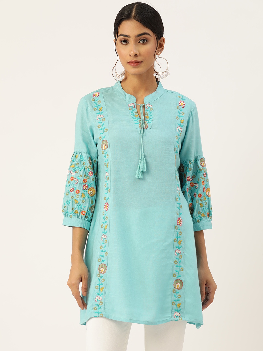 

MISRI Viscose Rayon Mandarin Collar Embroidered Tunic, Blue