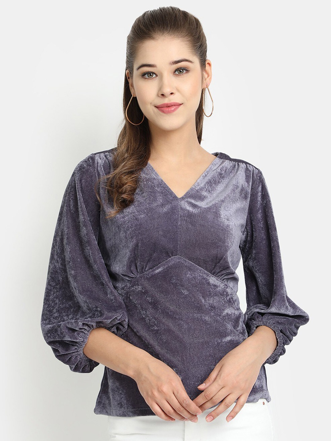 

Golden Kite V-Neck Puff Sleeve Top, Grey