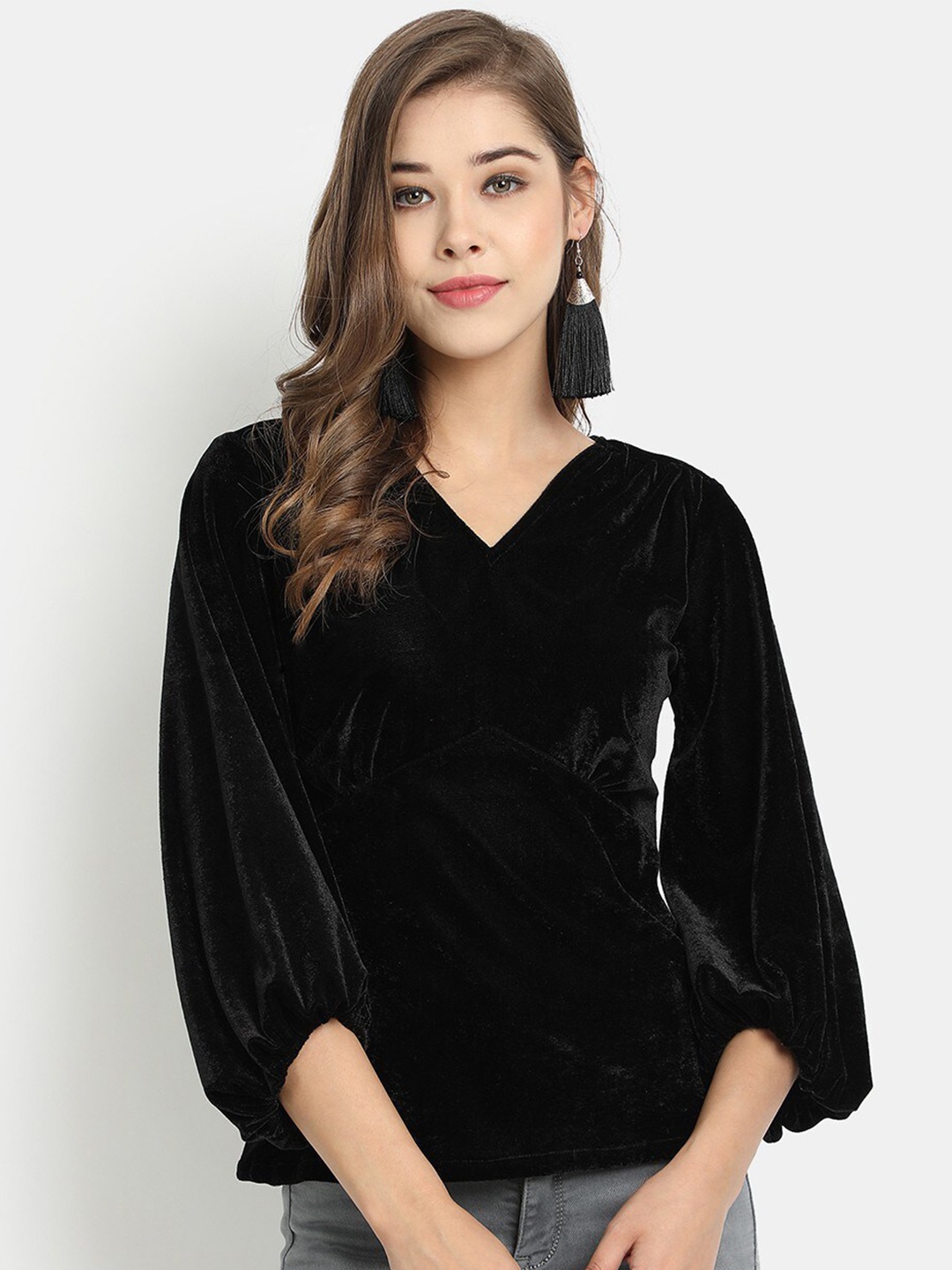 

Golden Kite V-Neck Bishop Sleeves Gathered Velvet Top, Black