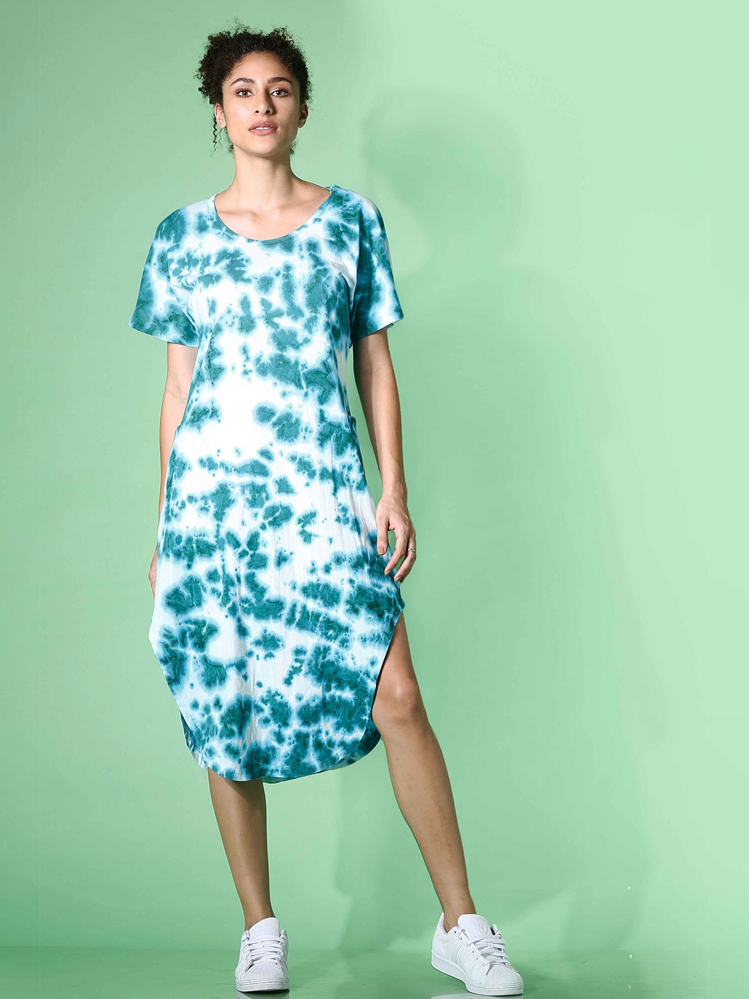 

MKOAL Tie & Dye Pure Cotton T-Shirt Midi Dress, White