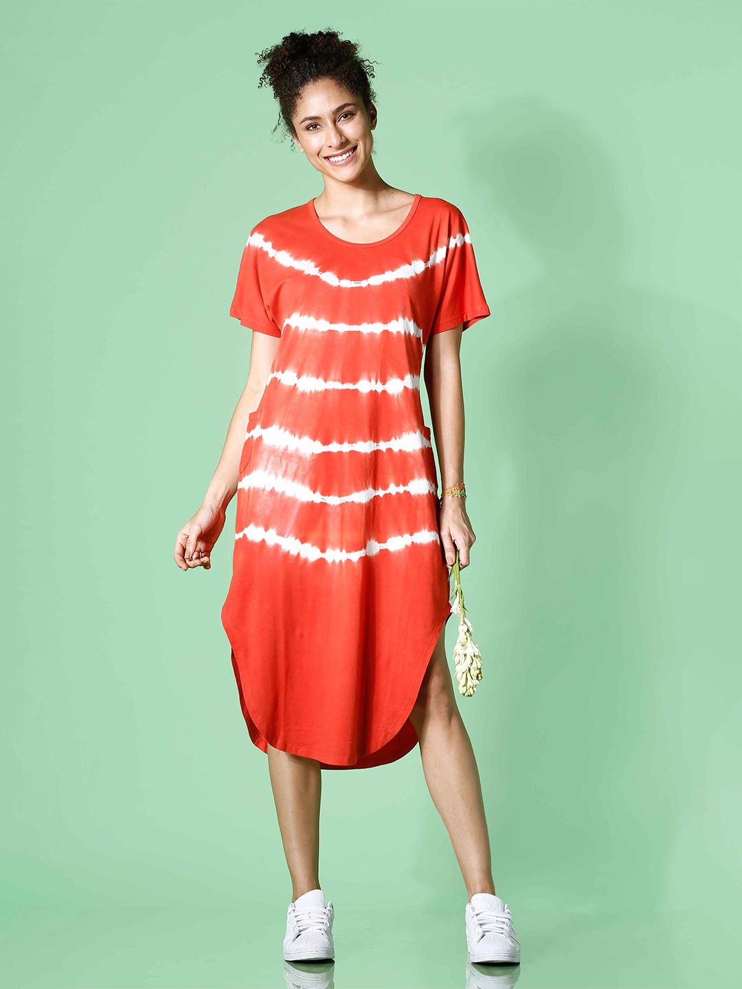 

MKOAL Orange Tie and Dye Dyed Pure Cotton A-Line Dress