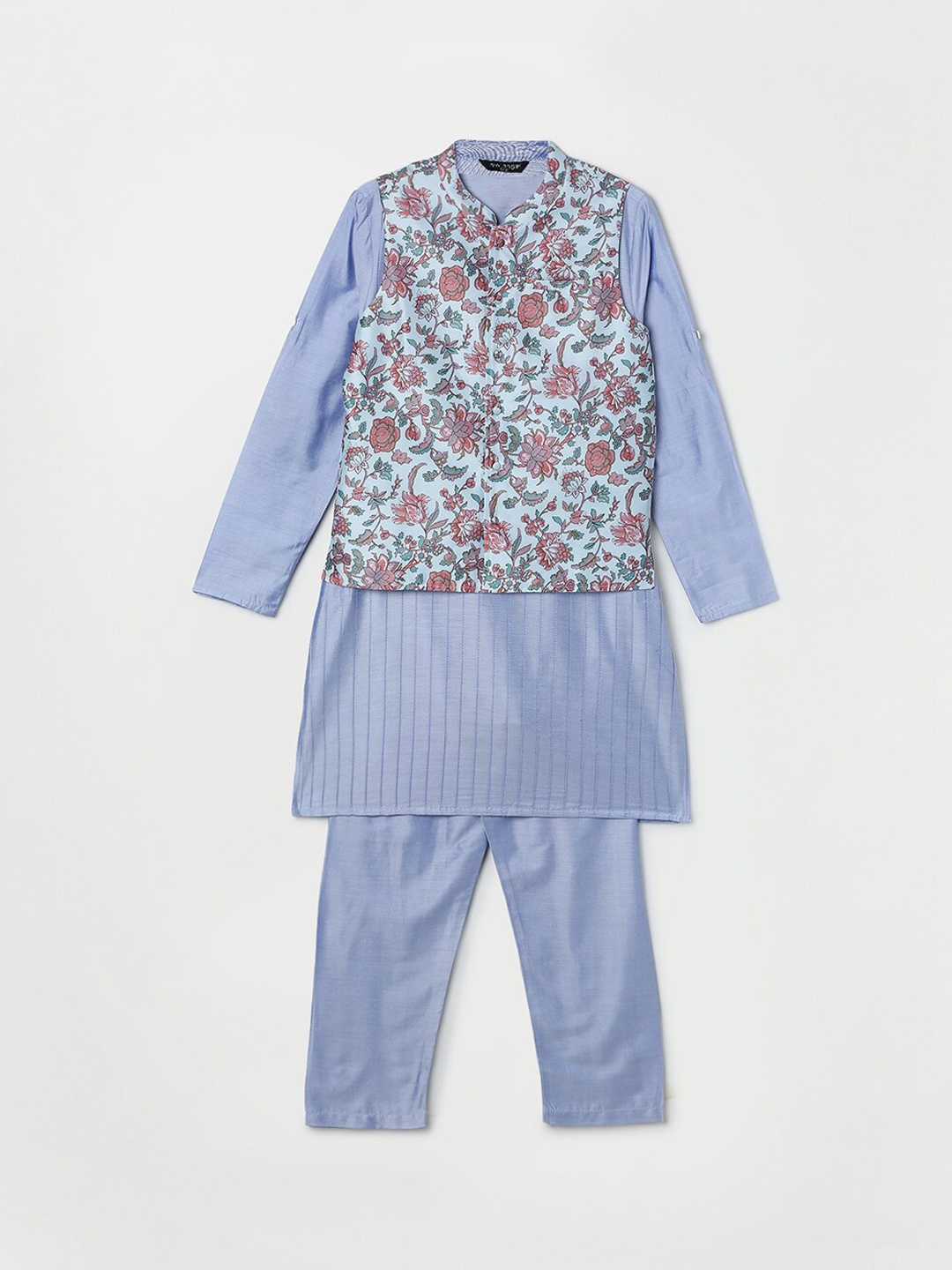 

Melange by Lifestyle Boys Striped Mandarin Collar Kurta With Pyjamas & Jacket, Blue