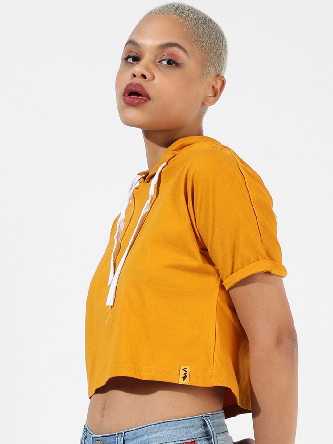

Campus Sutra Hooded Extended Sleeves Cotton Crop Top, Mustard