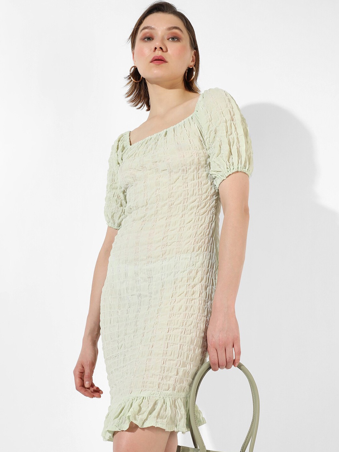 

Campus Sutra Puff Sleeve Sheath Dress, Green