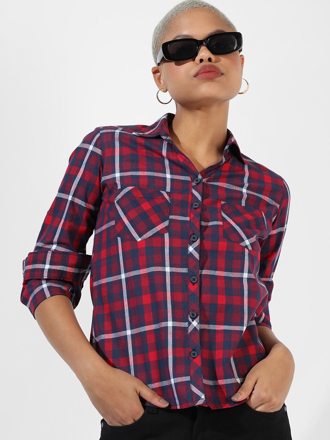

Campus Sutra Tartan Checked Spread Collar Classic Cotton Casual Shirt, Red