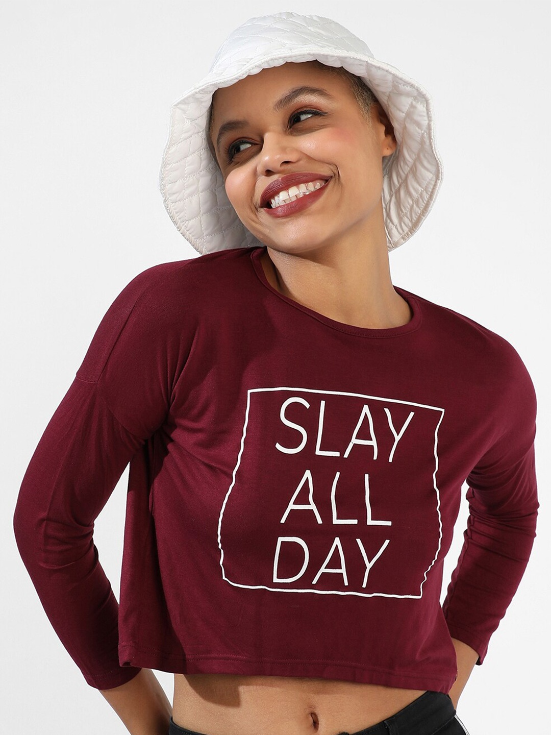 

Campus Sutra Typography Printed Cotton Crop T-shirt, Maroon