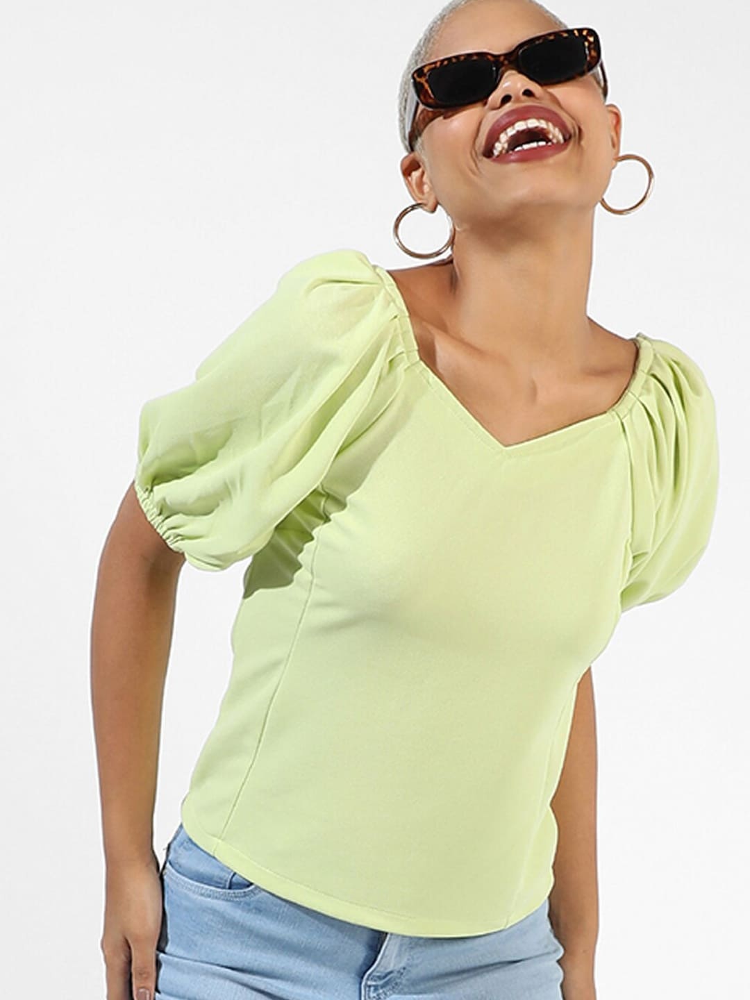 

Campus Sutra Square Neck Puff Sleeve Regular Cotton Top, Green