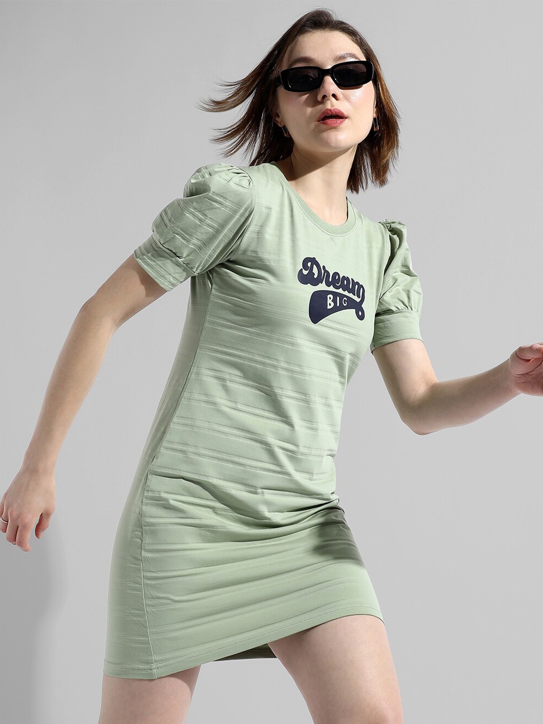 

Campus Sutra Print Puff Sleeve T-shirt Dress, Green