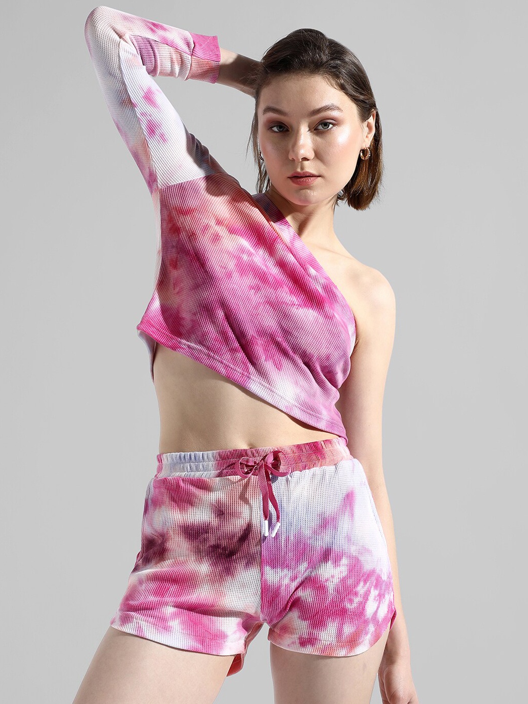 

Campus Sutra Tie-Dye One Shoulder Crop Top With Shorts Co-Ord Set, Pink