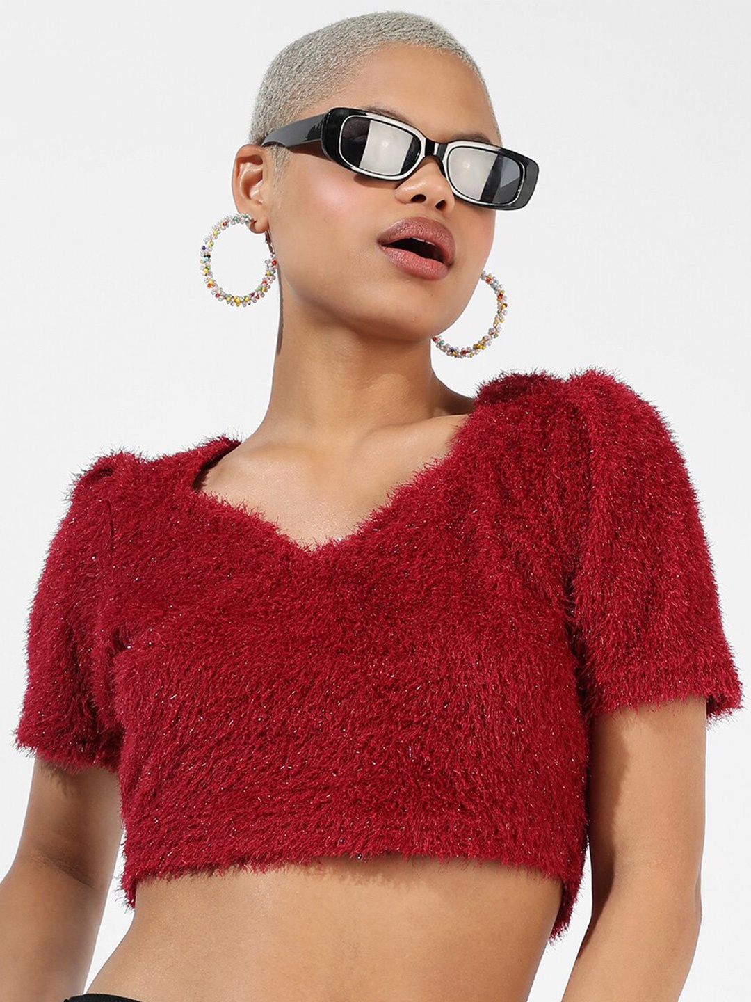 

Campus Sutra V-Neck Fuzzy Crop Top, Red