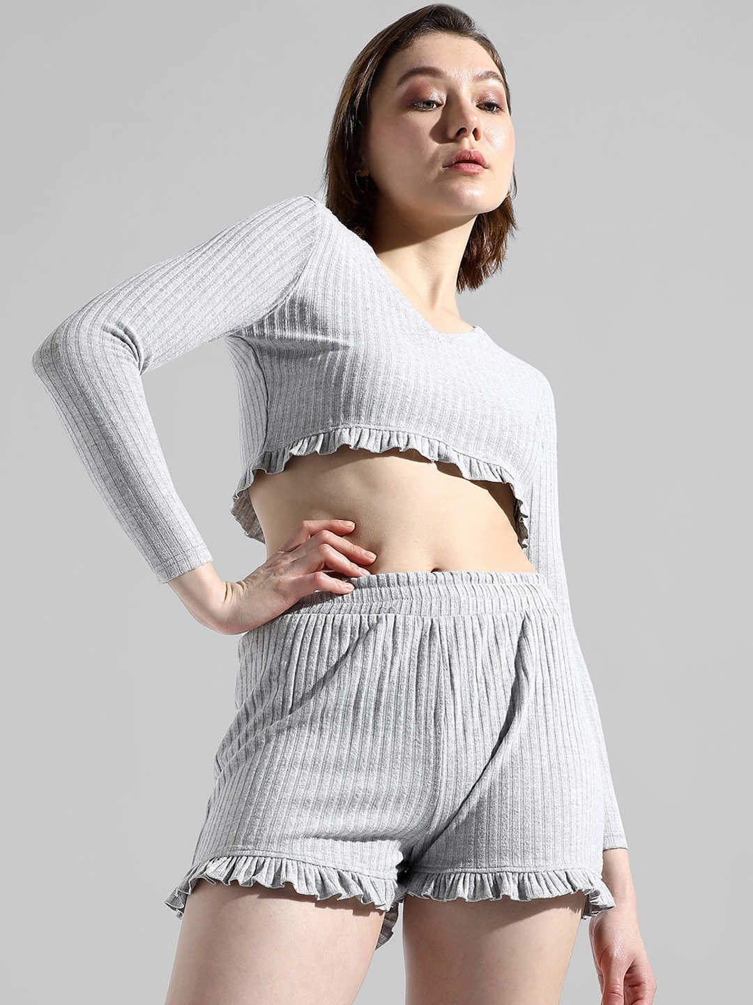 

Campus Sutra Self-Design Pure Cotton Crop Top With Shorts Co-Ord Set, Grey