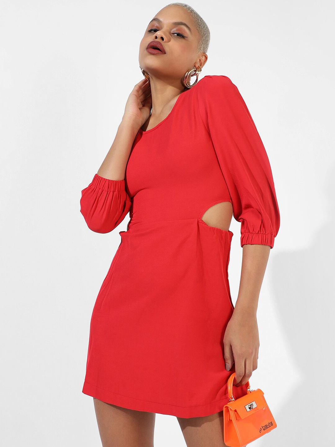 

Campus Sutra Puff Sleeve Fit & Flare Dress, Red