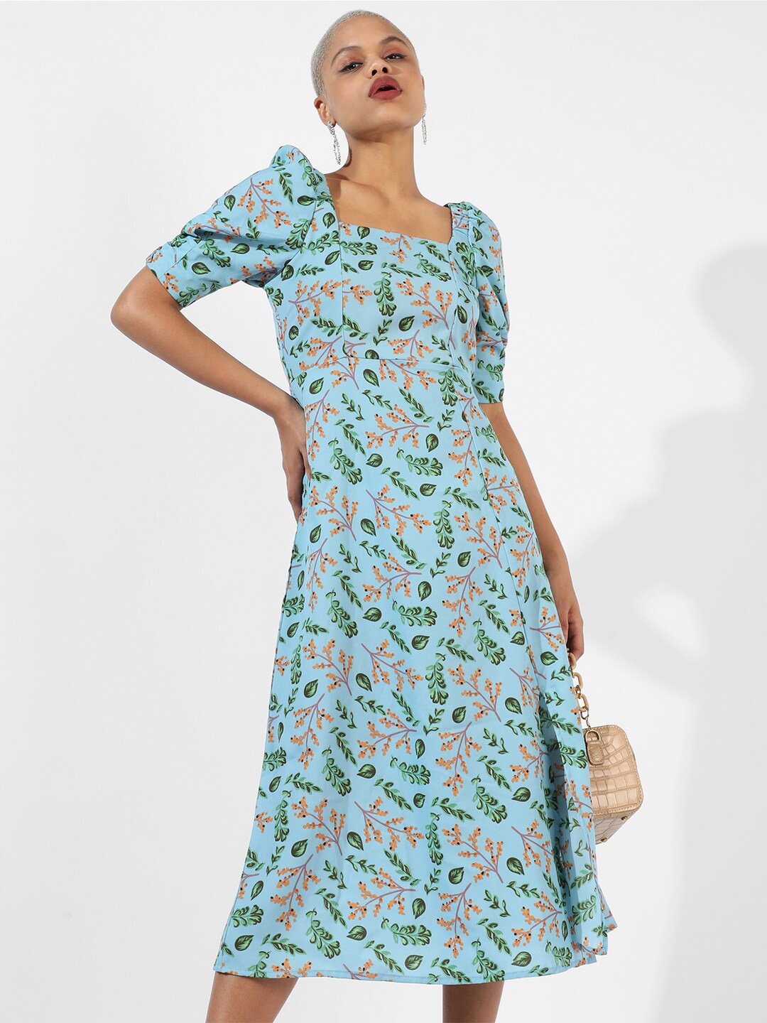 

Campus Sutra Floral Print Puff Sleeve A-Line Midi Dress, Blue