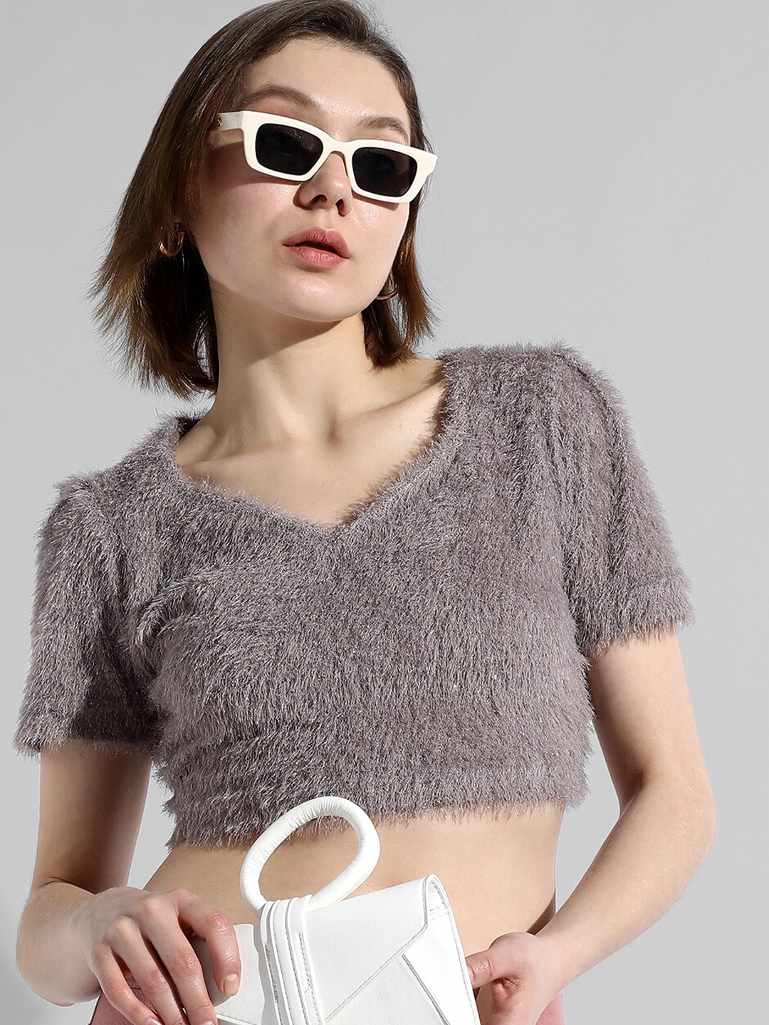 

Campus Sutra V-Neck Fuzzy Crop Top, Grey