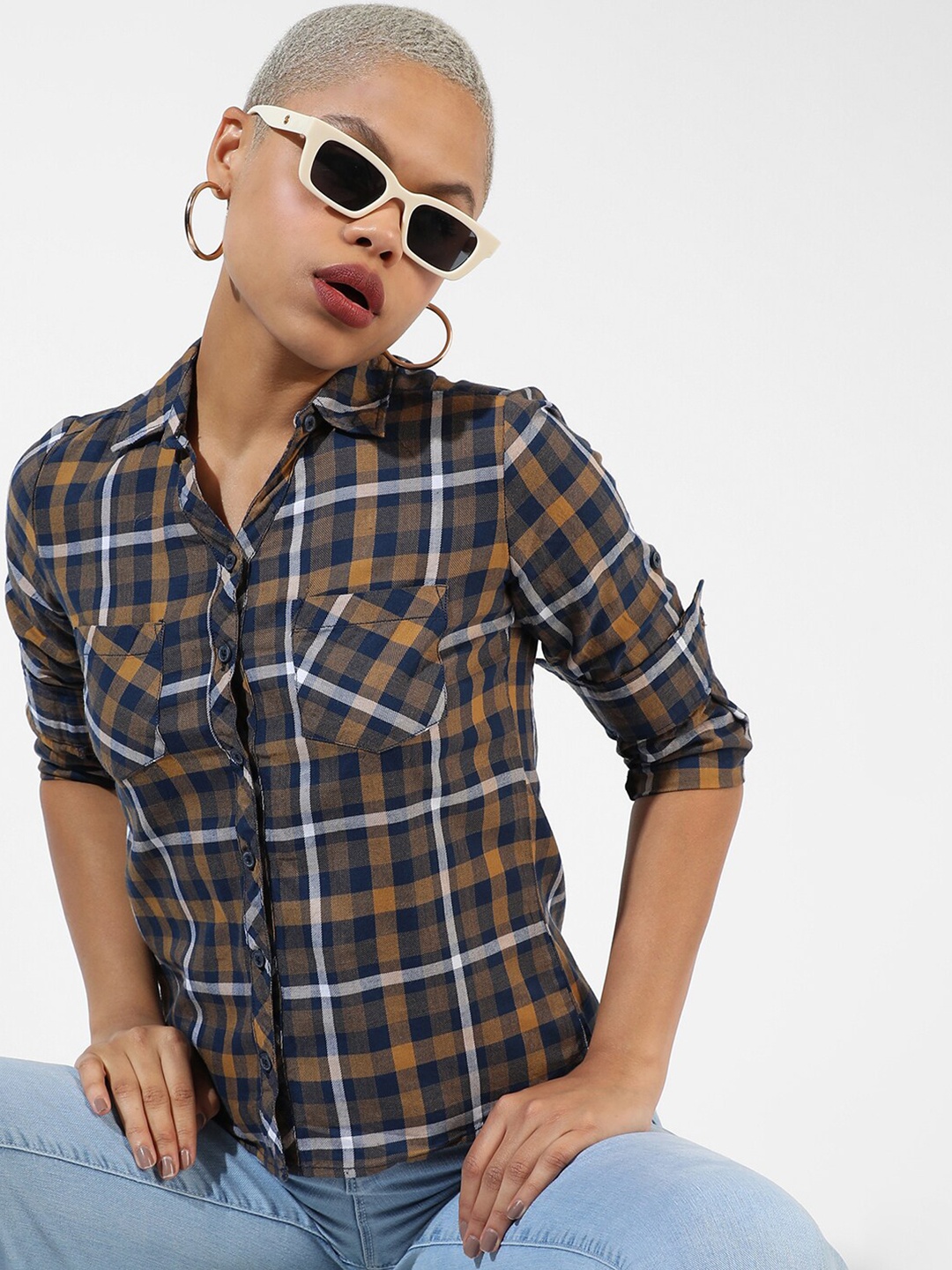 

Campus Sutra Classic Tartan Checked Spread Collar Cotton Casual Shirt, Blue