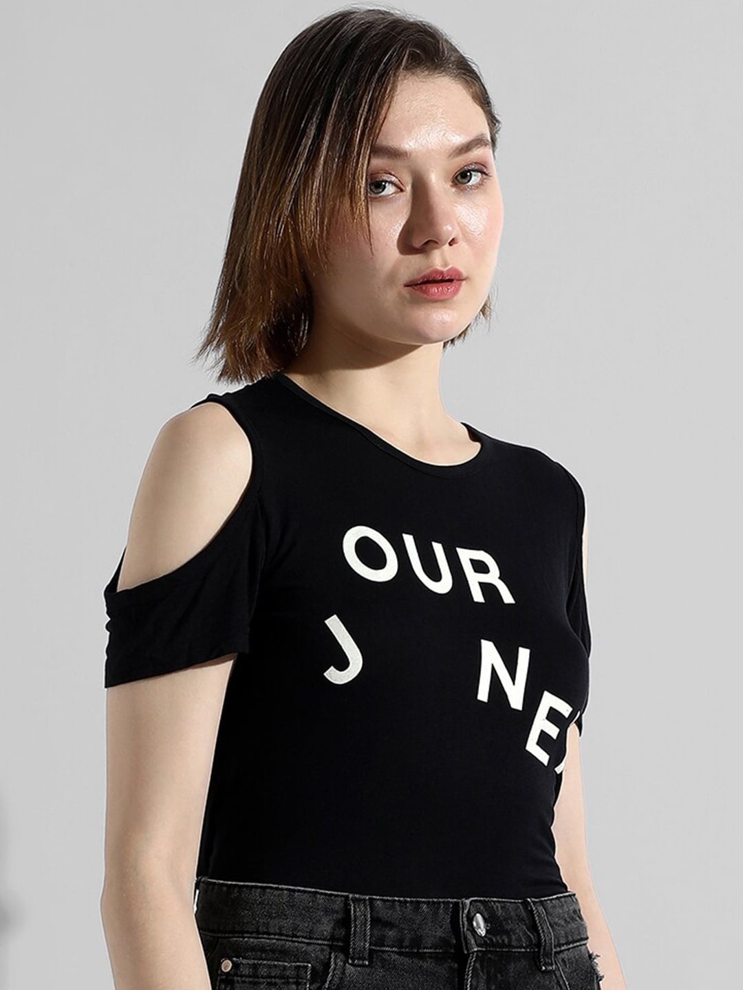 Campus Sutra Typography Printed Cold-Shoulder Sleeves Cotton Top, Black