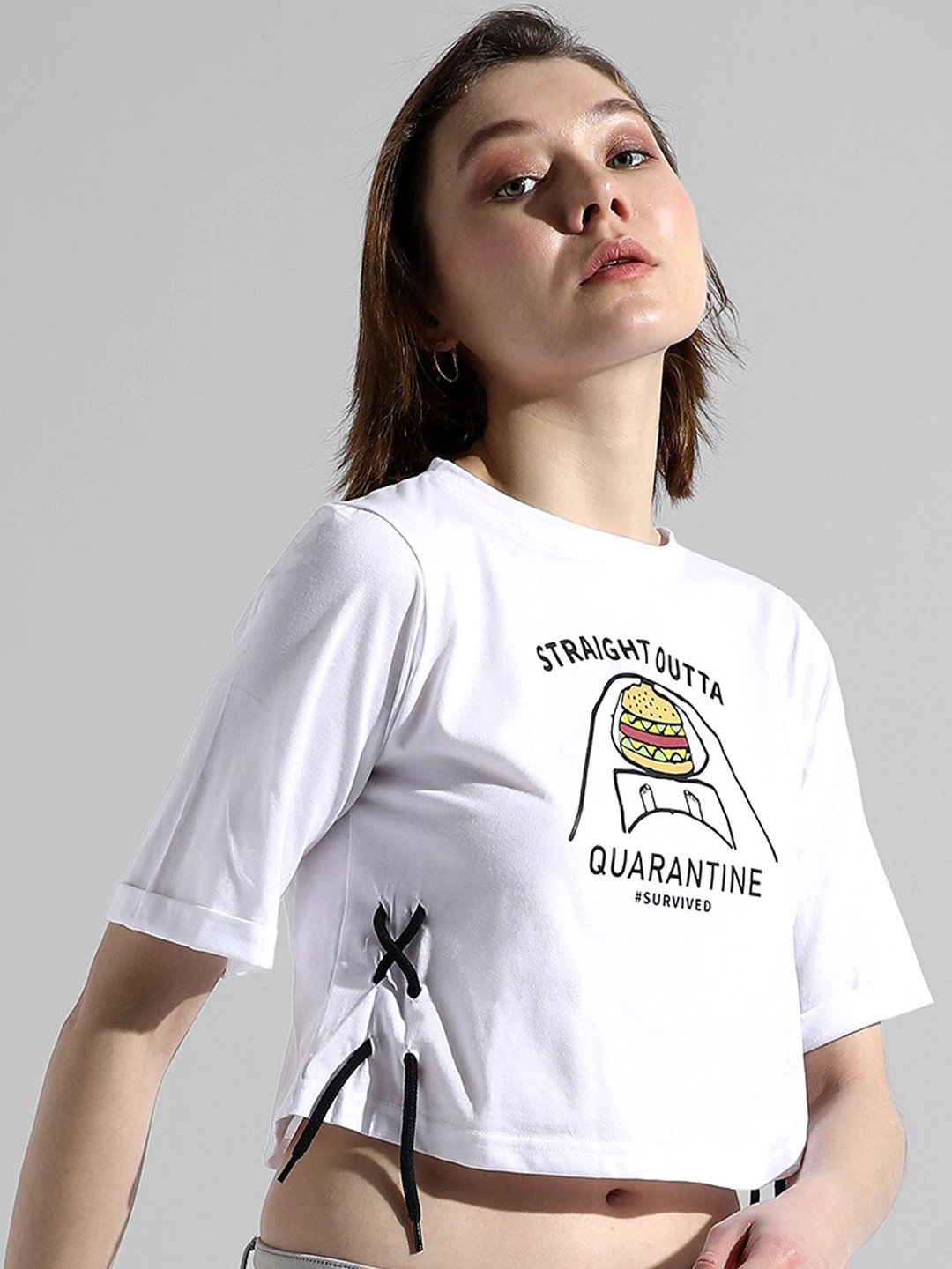 

Campus Sutra Graphic Printed Waist Tie-Ups Cotton Crop Top, White