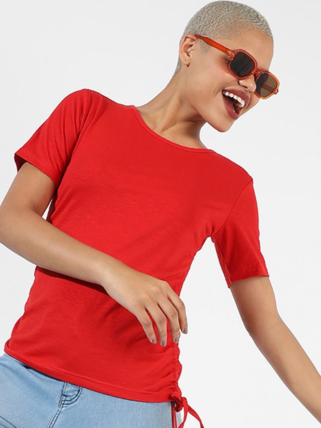 

Campus Sutra Round Neck Ruched Cotton Top, Red