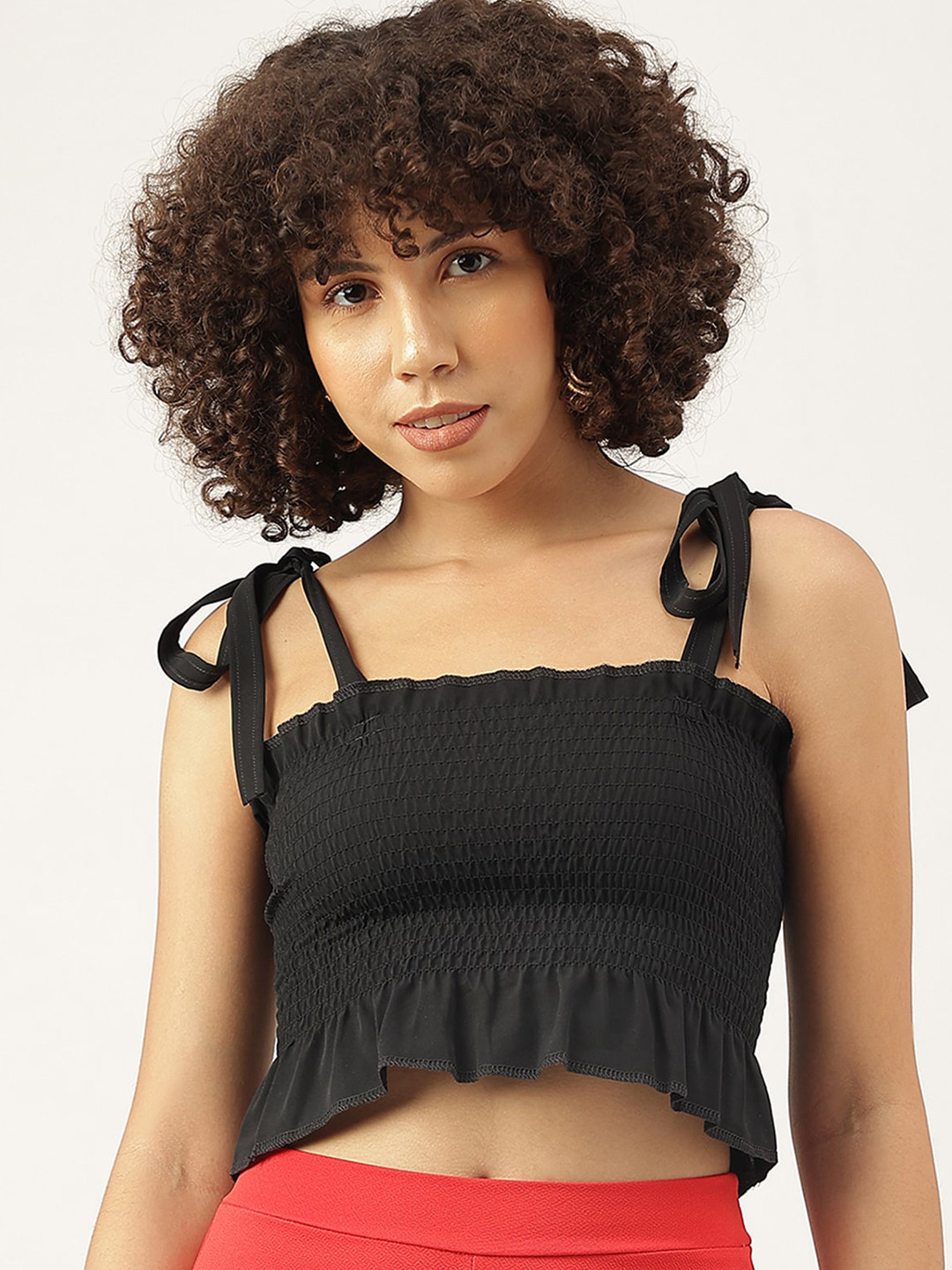 

AAHWAN Shoulder Straps Smocked Fitted Crop Top, Black