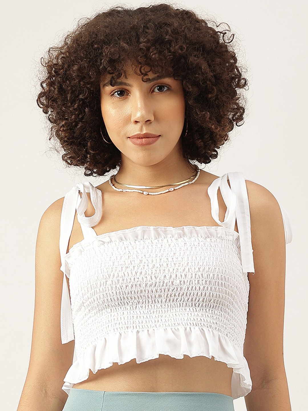 

AAHWAN Shoulder Straps Smocked Fitted Crop Top, White