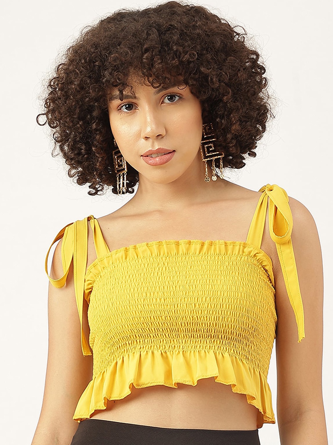 

AAHWAN Shoulder Straps Smocked Fitted Crop Top, Yellow