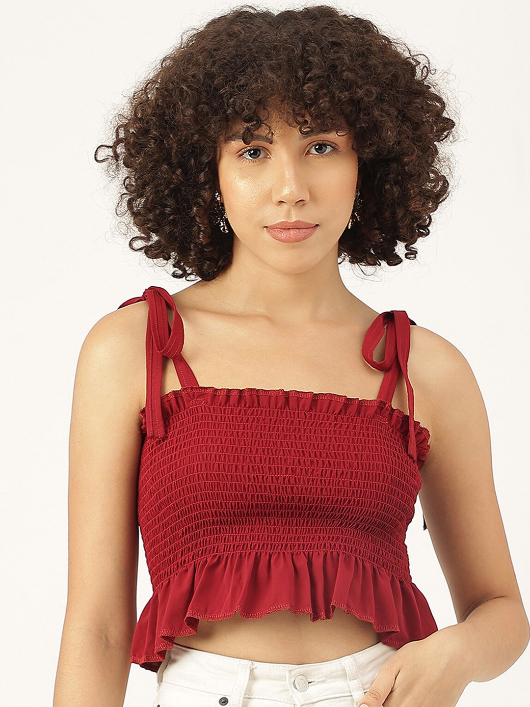 

AAHWAN Shoulder Strap Smocked Fitted Crop Top, Maroon