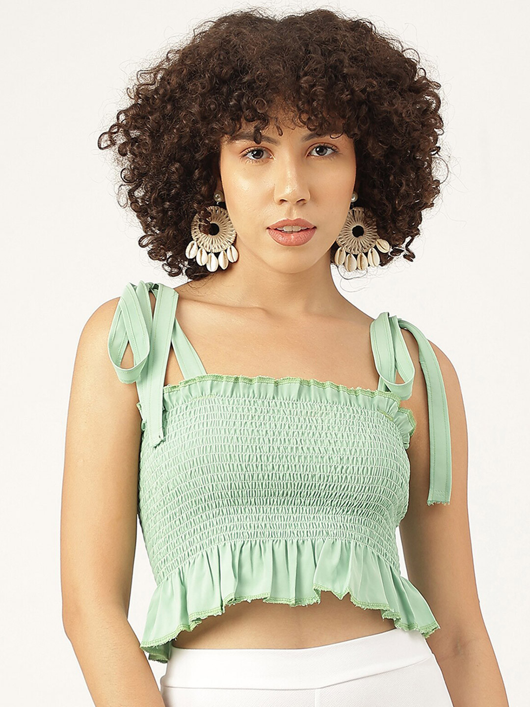 

AAHWAN Shoulder Strap Smocked Fitted Crop Top, Sea green