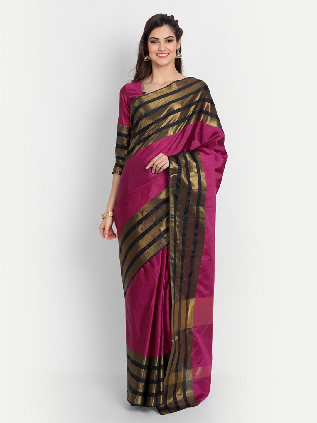 

MotiHamir Striped Border Pure Cotton Kota Saree, Pink