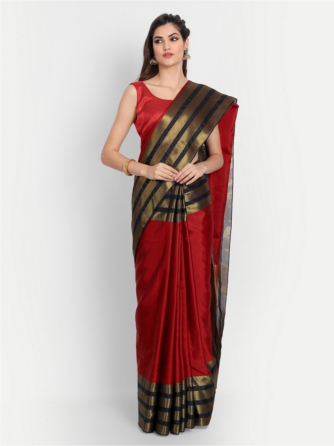 

MotiHamir Striped Border Zari Pure Cotton Kota Saree, Red