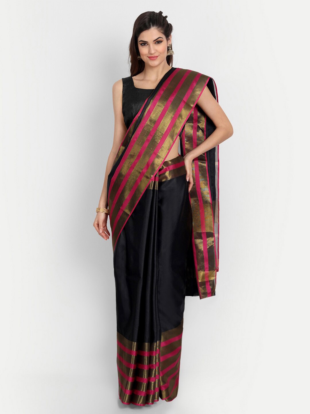 

MotiHamir Striped Border Zari Pure Cotton Kota Saree, Black