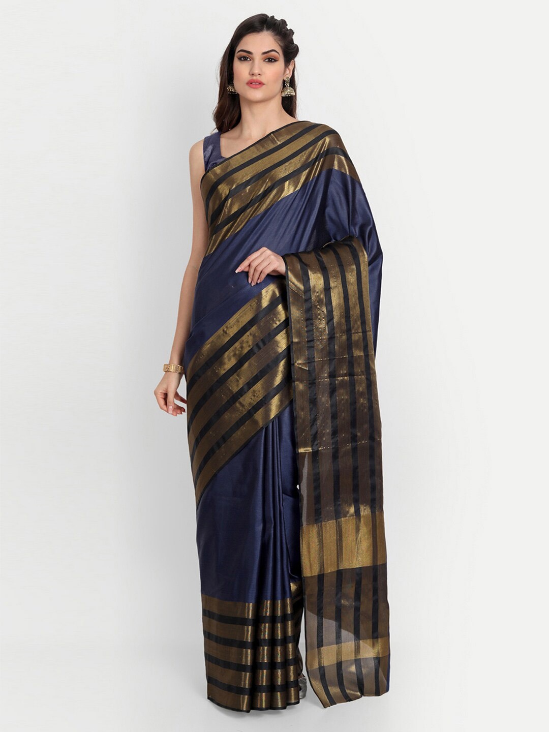 

MotiHamir Striped Border Zari Pure Cotton Kota Saree, Blue